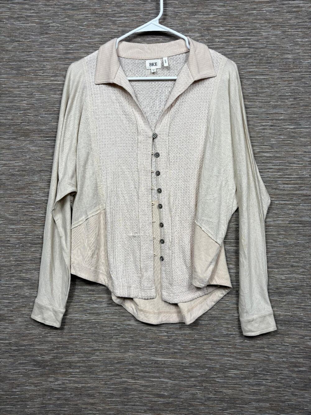 BKE Pieced Waffle Knit Button Up Top Womens Size XS Beige Soft Flowy Oversized